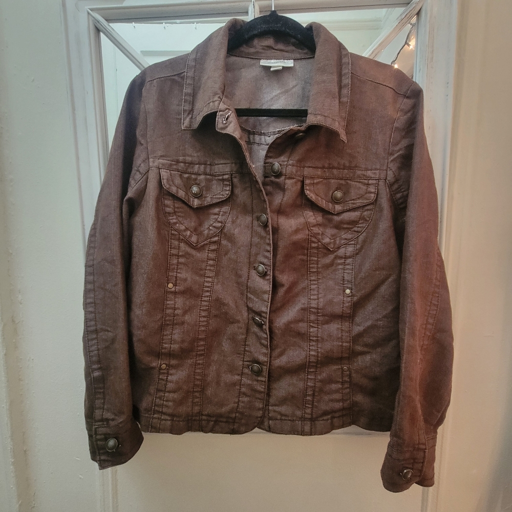 Dress Barn Women's‎ Coated Brown Denim Jacket EUC Western Coastal Cowboy Boho